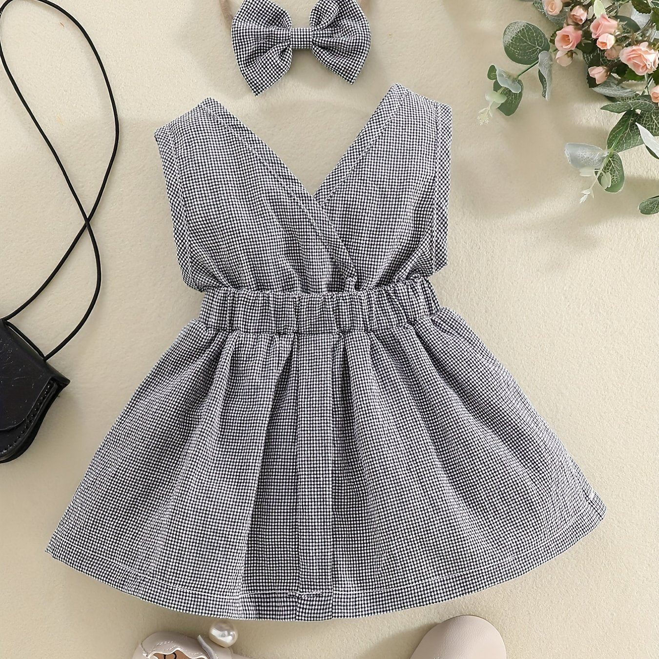 Girls Plaid Tunic Dress - Stylish V Neck Puffy Design