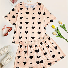 Heart & Dot Print T-shirt & Shorts Pajama Set