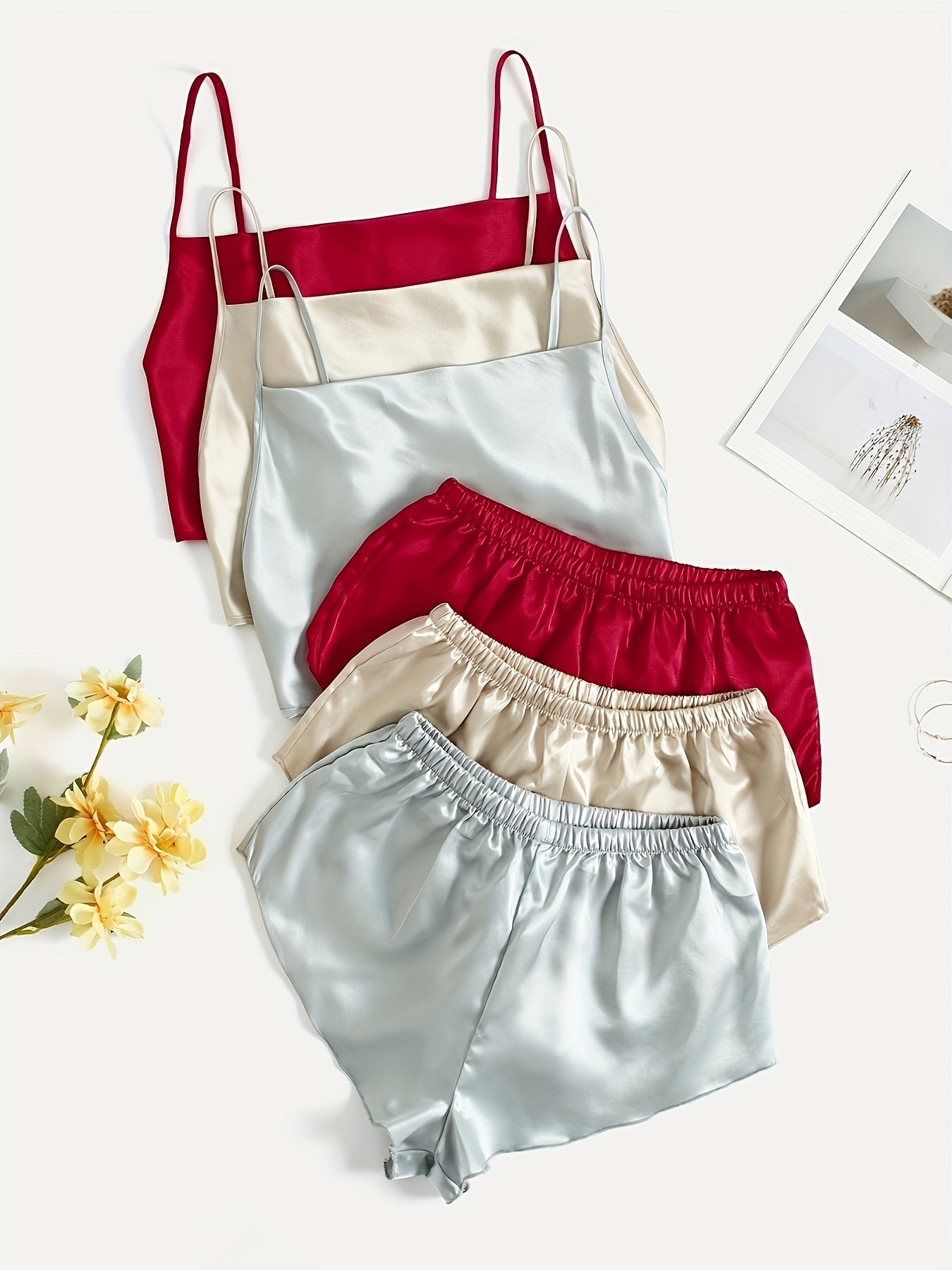 Satin Pajama Set V Neck Cami Top & Shorts Women's Sleepwear