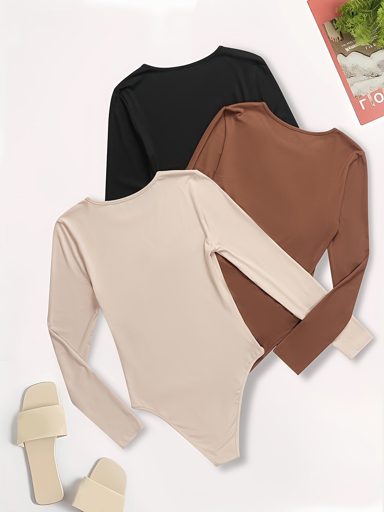 3 Pack Women's Plus Solid Long Sleeve Bodysuit Set