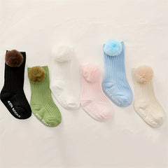 2 Pairs Girls Baby Socks Large Pompom Non Slip Toddler Knee Socks
