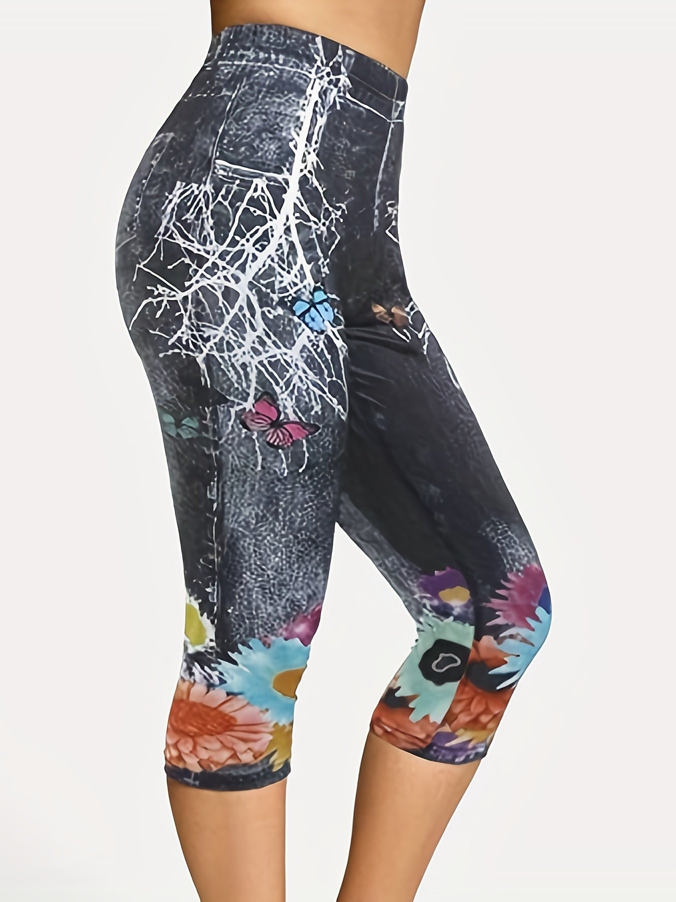 Denim Print Clam Digger Leggings, Women's Plus