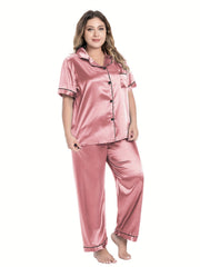 Women's Plus Satin PJs Set Short Sleeve Button Up Shirt & Pants Lounge 2 Piece