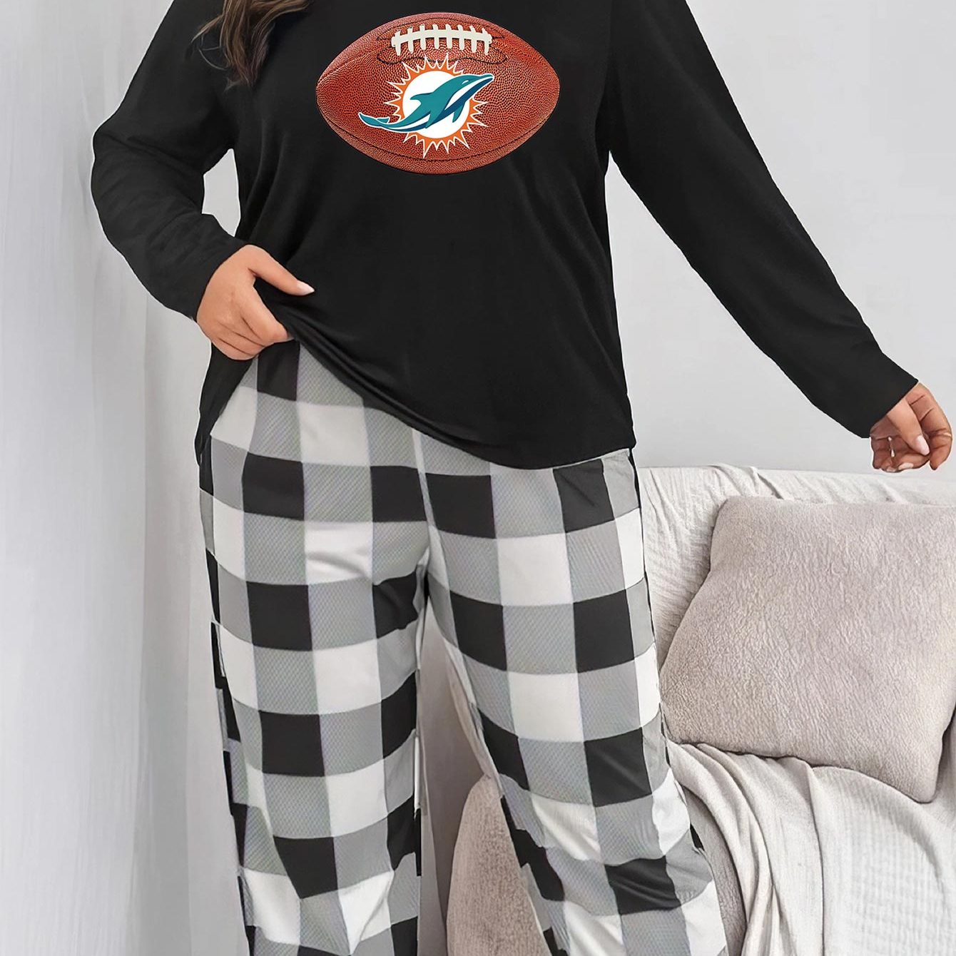 Football & Dolphin Print Tee & Plaid Pants Lounge Set