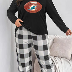Football & Dolphin Print Tee & Plaid Pants Lounge Set