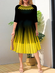 Women's Plus Ombre Geometric Print Long Sleeve A-line Dress