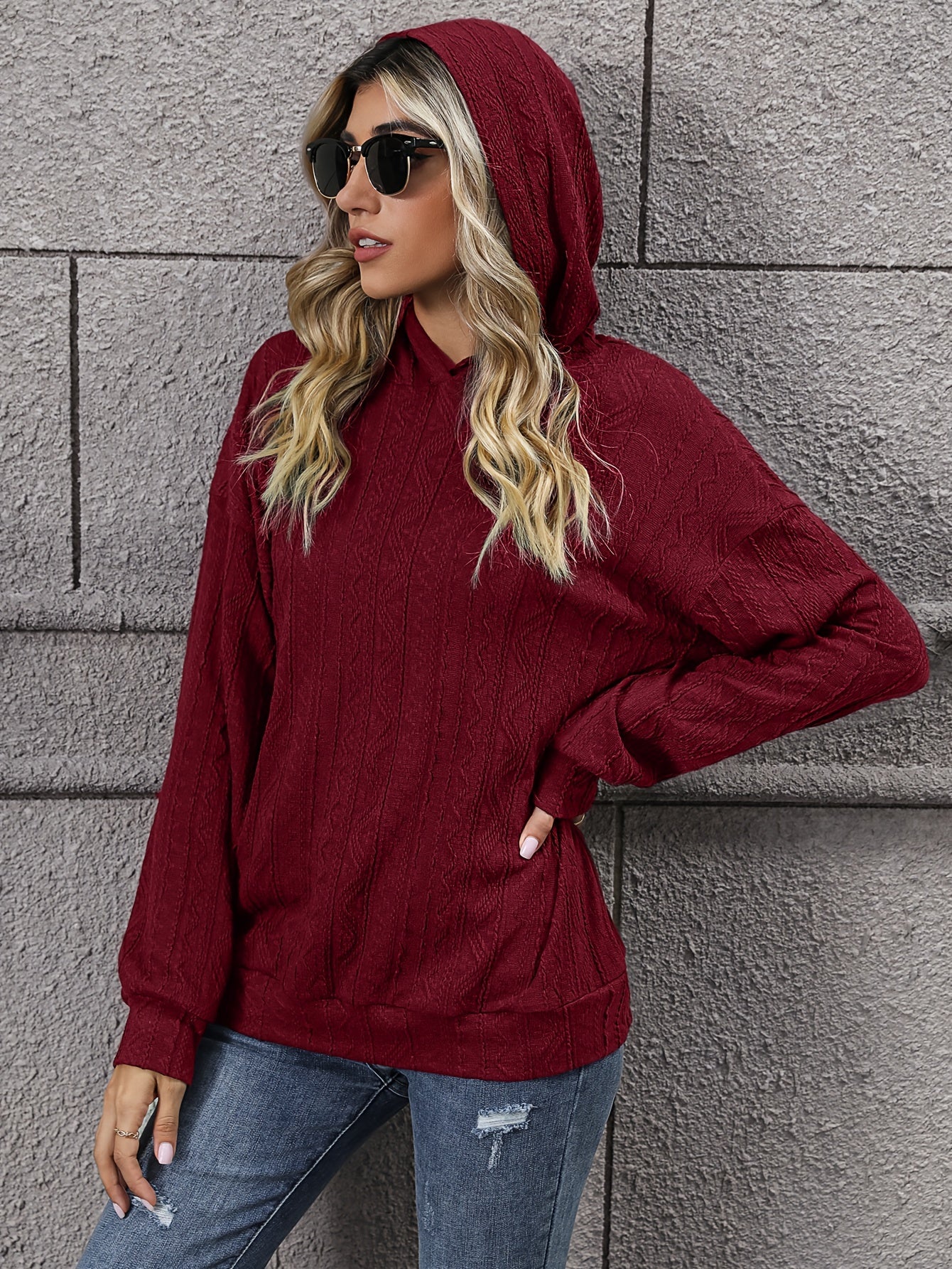 Solid Drop Shoulder Hoodie Long Sleeve Women's Sweatshirt