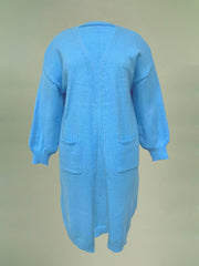 Solid Lantern Sleeve Open Front Cardigan with Pockets
