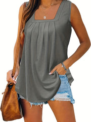 Squared Neck Ruched Tank Top Solid Sleeveless