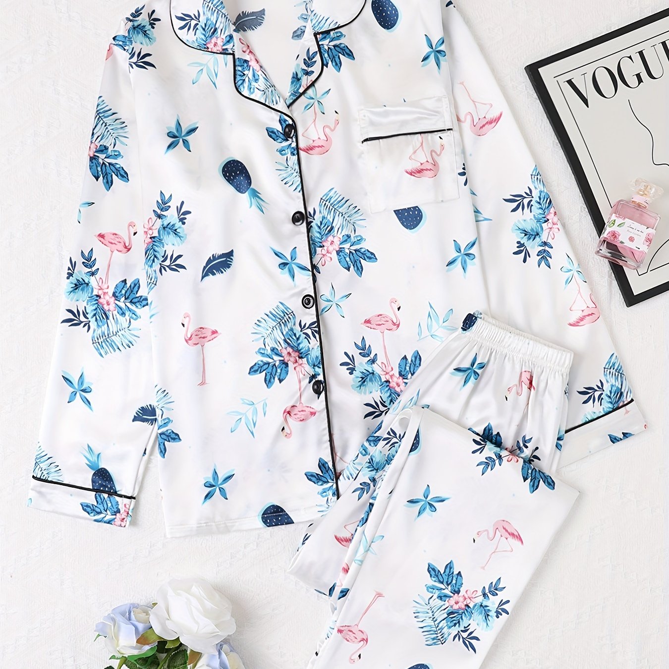 Flamingo Print Pajama Set Long Sleeve Buttons Top & Elastic Waistband Pants