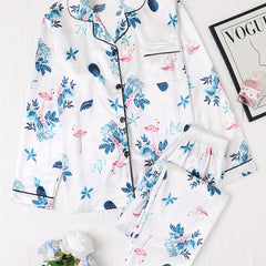 Flamingo Print Pajama Set Long Sleeve Buttons Top & Elastic Waistband Pants