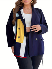 Colorblock Geometric Print Blazer With Belt