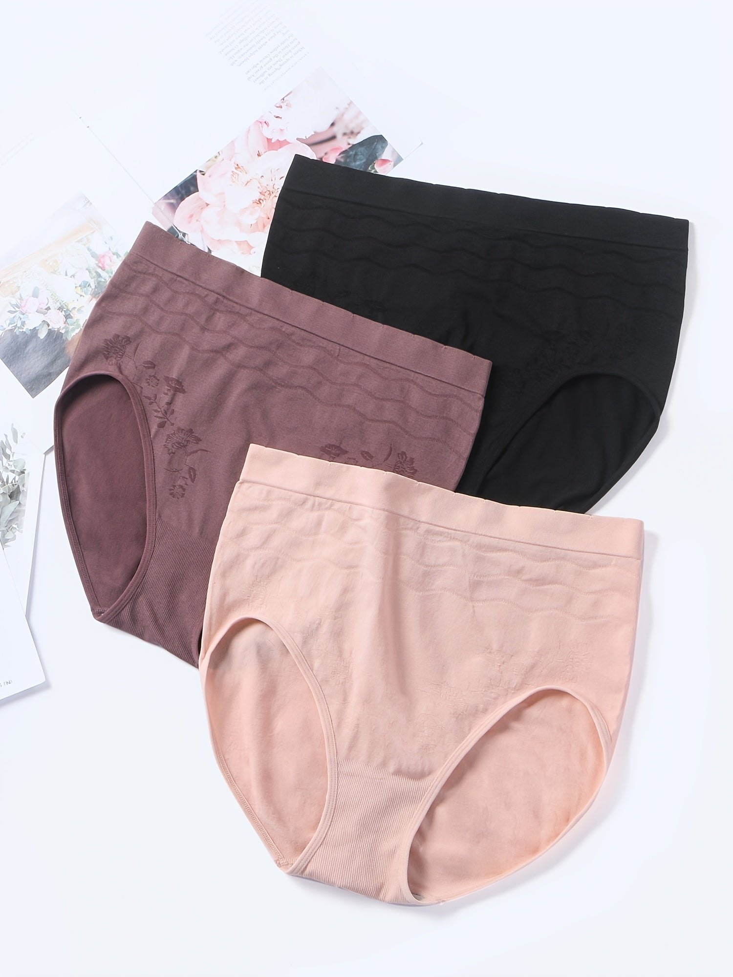 3 Pack Textured High Waisted Seamless Panties Set Plus Size Women's Underwear