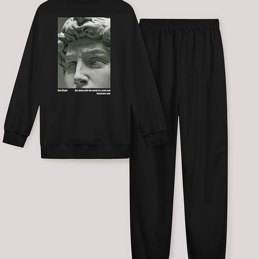 Women's Plus Size Graphic Print Long Sleeve Top & Drawstring Pants Outfit Set