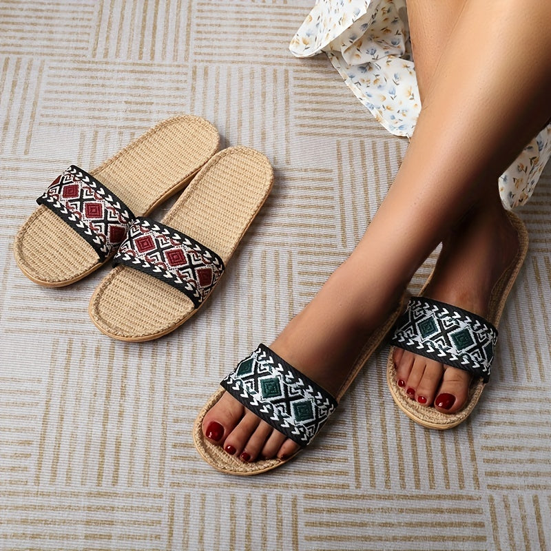 Women's Linen Slides Geometric Pattern Open Toe Shoes