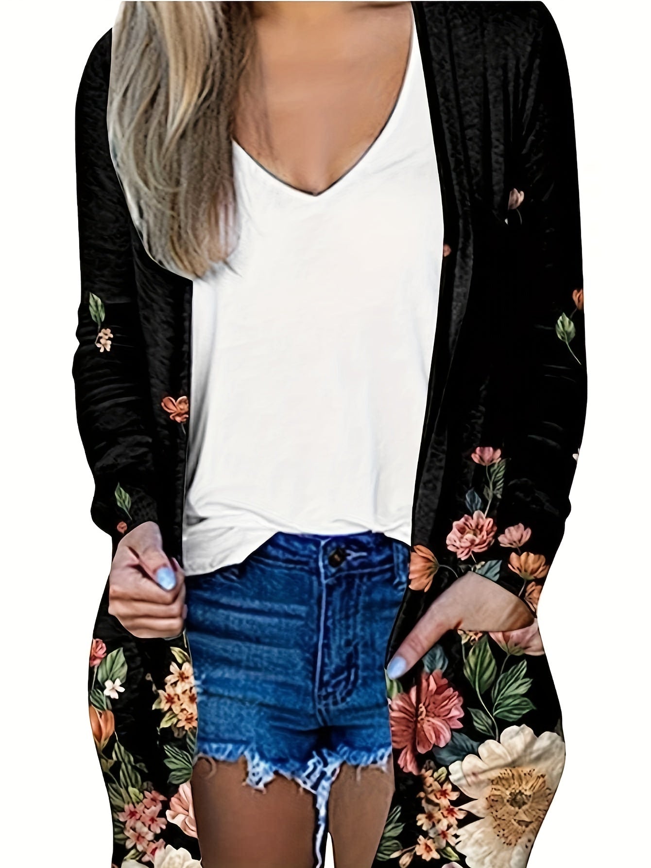 Floral Print Long Sleeve Open Front Cardigan