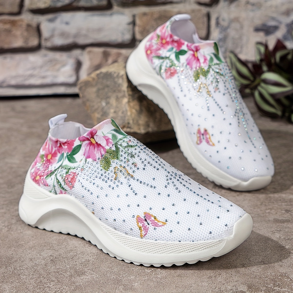 Rhinestone Platform Sneakers with Butterfly & Flower Pattern