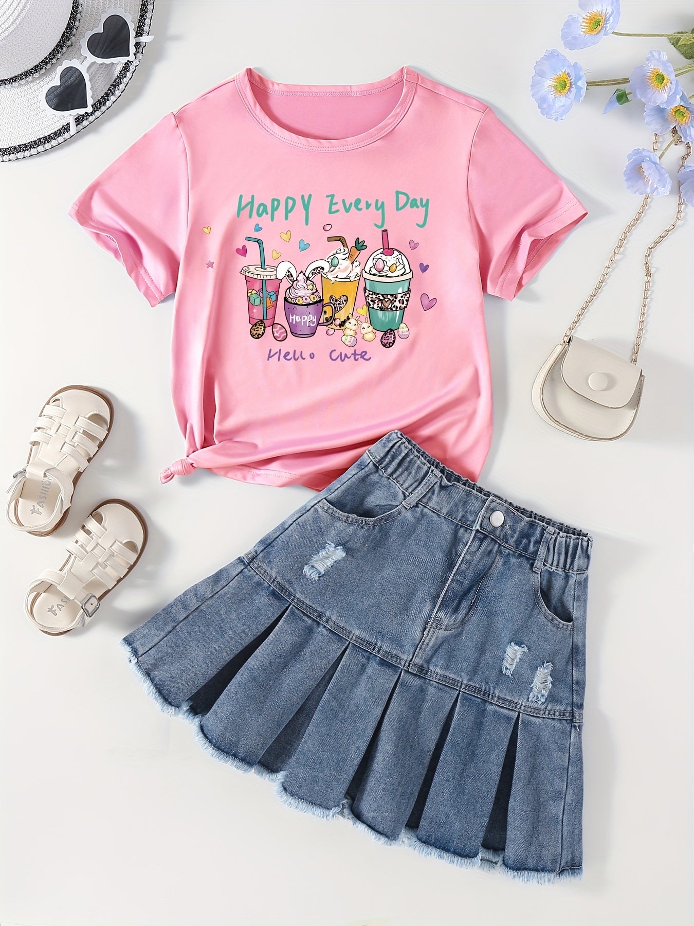 Girl's HAPPY EVERY Letter Tee Top & Denim Skirt Set
