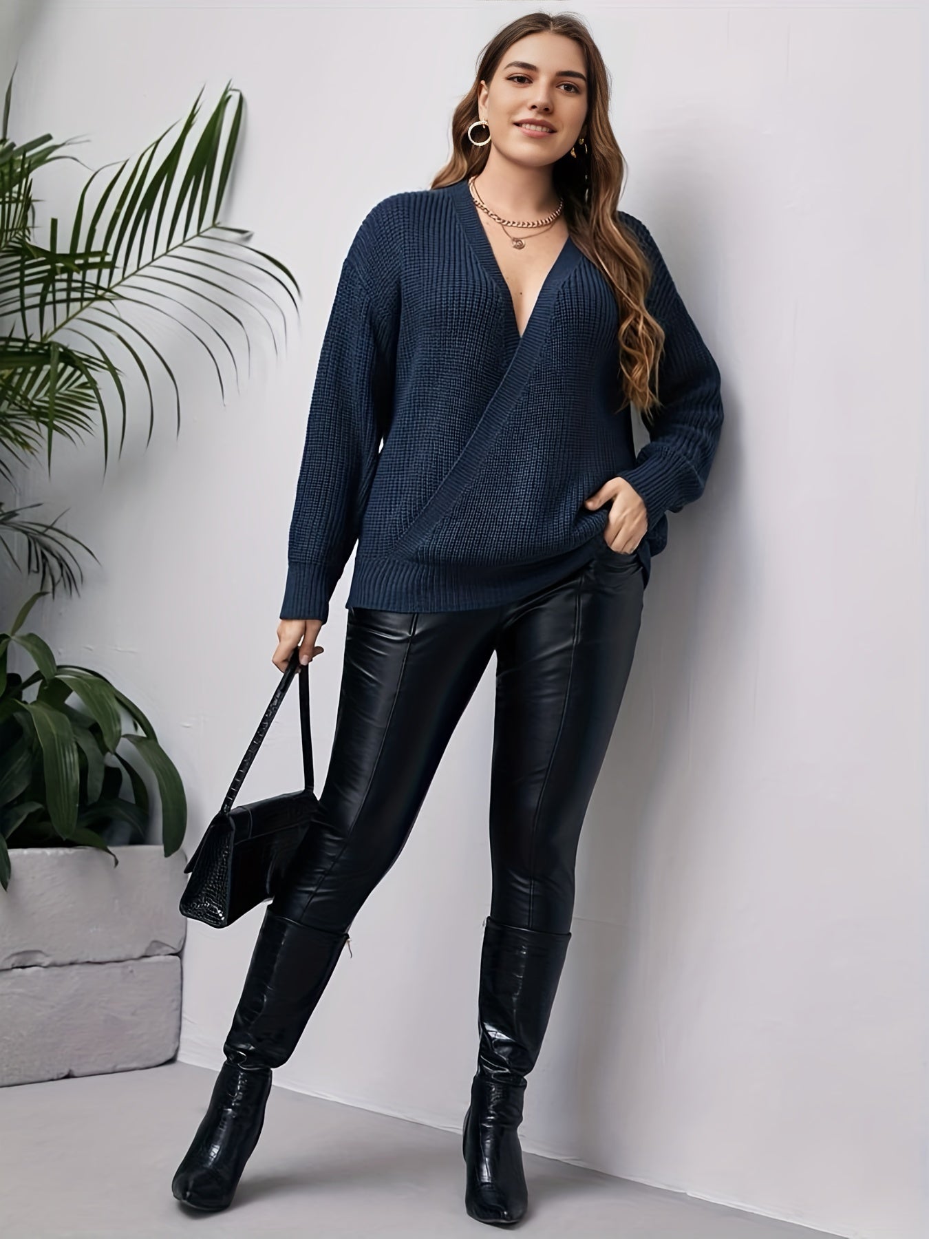 V Neck Long Sleeve Pullover Sweater Medium Stretch