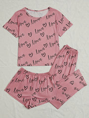 Heart Print Pajama Set Short Sleeve Crew Neck Top & Elastic Waistband Shorts