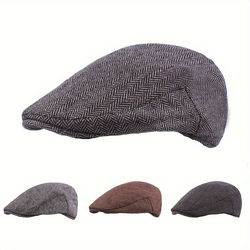 Men's Herringbone Beret Newsboy Cap Cabbie Hat