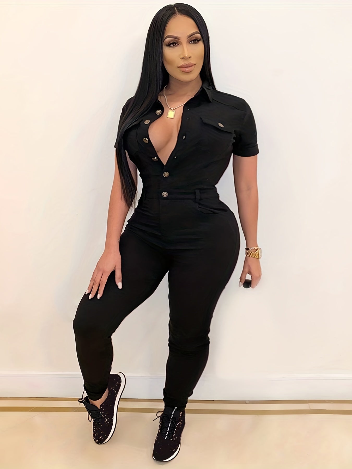 Casual Jumpsuit Women's Plus Short Sleeve Button Up Jumpsuit