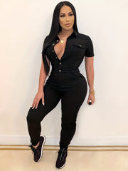 Casual Jumpsuit Women's Plus Short Sleeve Button Up Jumpsuit