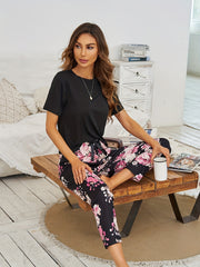 Floral Print Pajama Set Short Sleeve Top & Pants