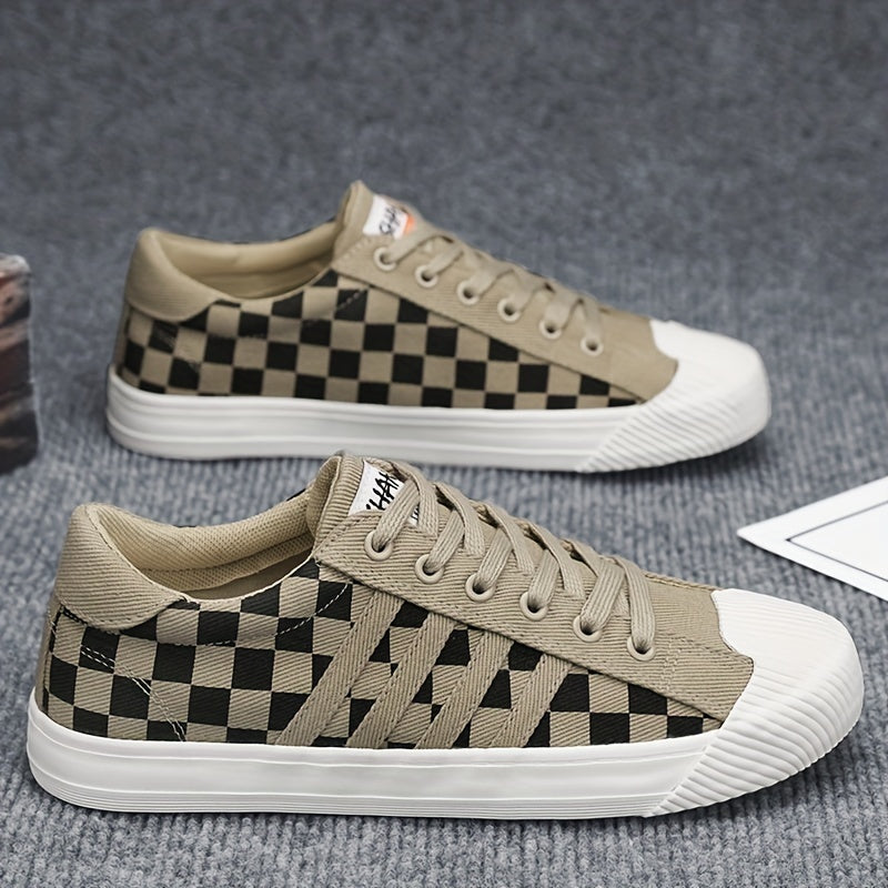 Men's Canvas Low Top Sneakers Lace up Checkered Walking Shoes