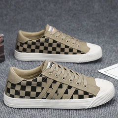 Men's Canvas Low Top Sneakers Lace up Checkered Walking Shoes