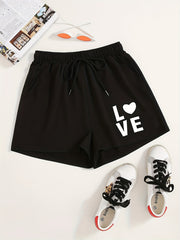Love Print Hotpants Workout Yoga Drawstring Waist Casual Shorts