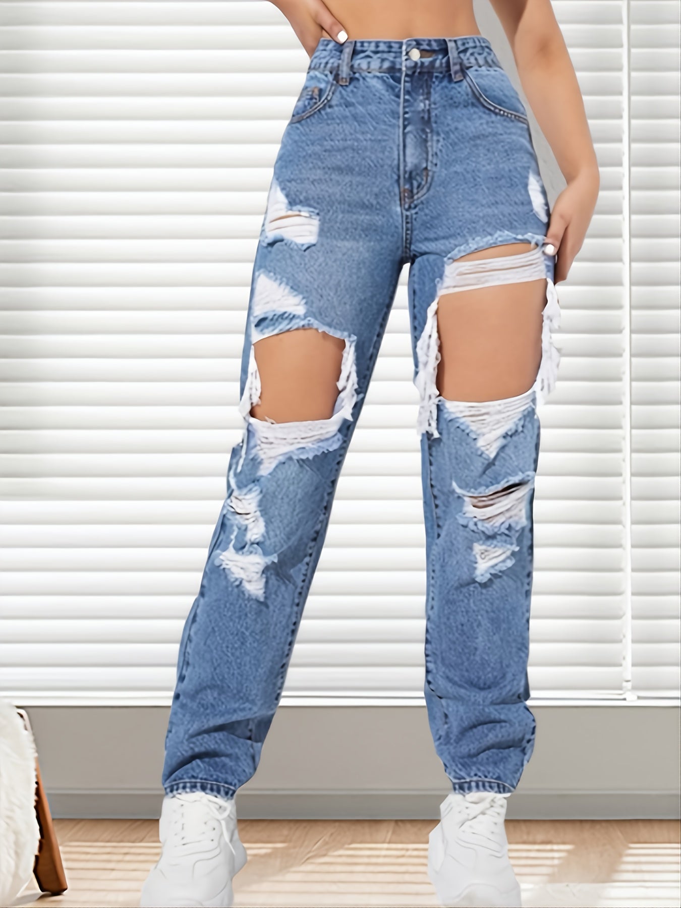 High Rise Distressed Jeans Women's Clothing