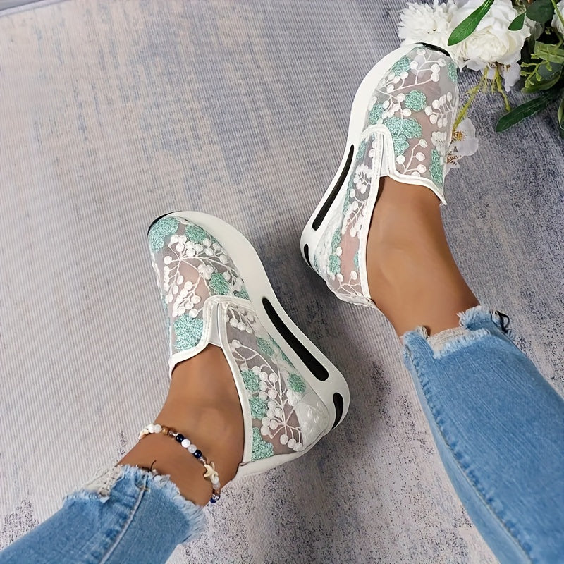 Women's Mesh Platform Sneakers Embroidered Slip On Shoes