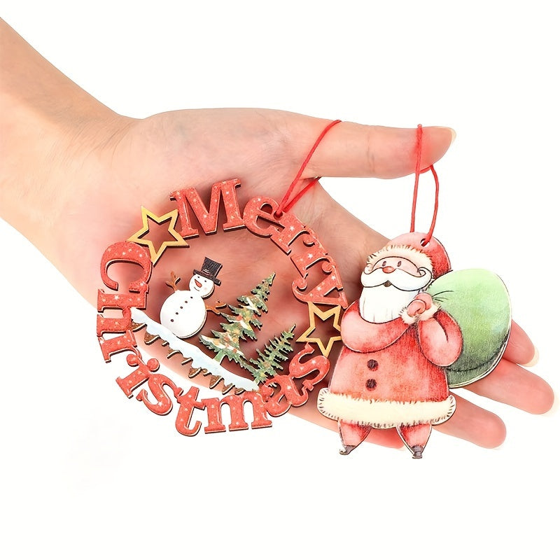 12pcs Wooden Christmas Tree Ornaments Cartoon Santa Claus Snowman