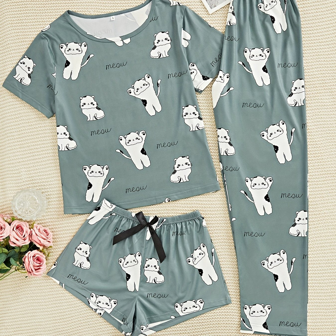 Cartoon Cat Print Pajama Set Short Sleeve Top & Shorts Women's Sleepwear