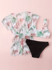 Girl's Floral Tropical Print Bikini Bathing Suit With Kimono