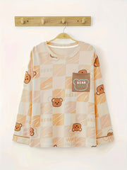 Bear Print Pajama Set Long Sleeve Crew Neck Top & Pants