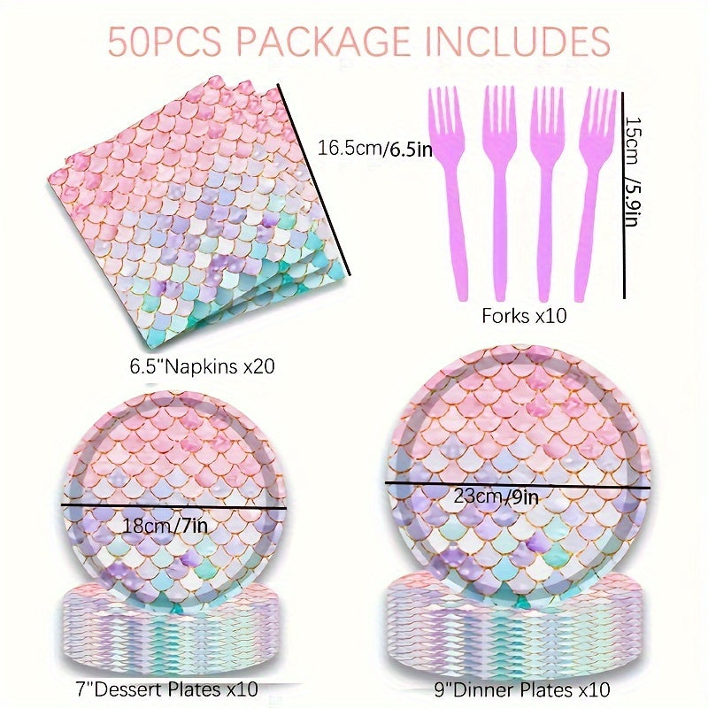 50pcs Mermaid Party Decorations Plates And Napkins Set