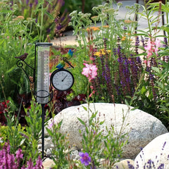 Outdoor Bird & Dragonfly Art Rain Gauge with Thermometer, 68cm Metal Frame
