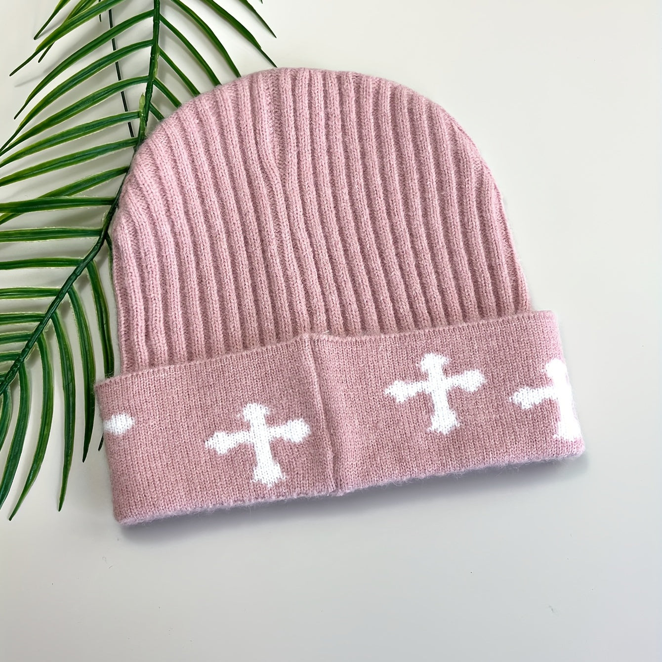 Pink Cross Jacquard Beanie Y2K Elastic Knit Hat