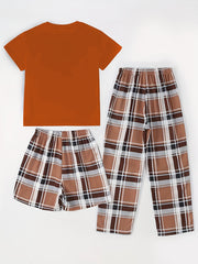 Girls Bear Graphic Pajamas Set, Crew Neck T-Shirt & Plaid Shorts