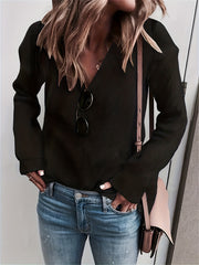 Ribbed V Neck Sweater Long Sleeve