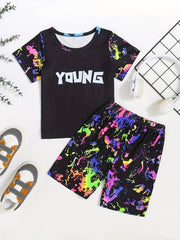 Boys Luminous Graffiti Short Sleeve T shirt&Shorts Set