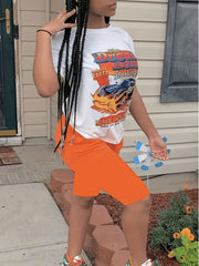 Women's Plus Car & Letter Print Tee & Shorts 2pcs Set
