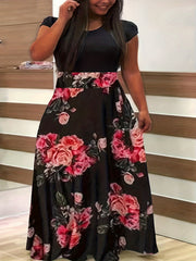 Rose Print Short Sleeve Maxi Dress