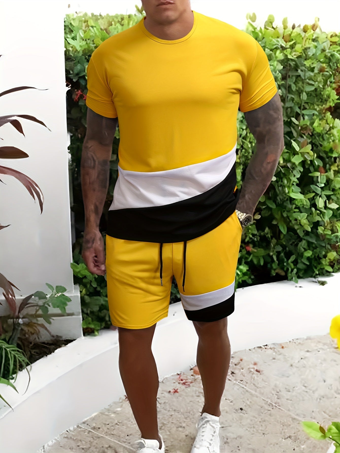 Men's Block Graphic T shirt & Active Drawstring Shorts Set