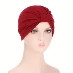 Pleated Square Knot Turban Hat Women Solid Hijab Hat Casual Elastic Head Wrap
