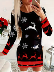 Reindeer & Snowflake Print Long Sleeve Christmas Dress