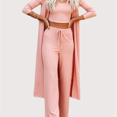 Solid Ribbed Lounge Set Long Sleeve Robe & Crew Neck Tank Top & Lace Up Pants