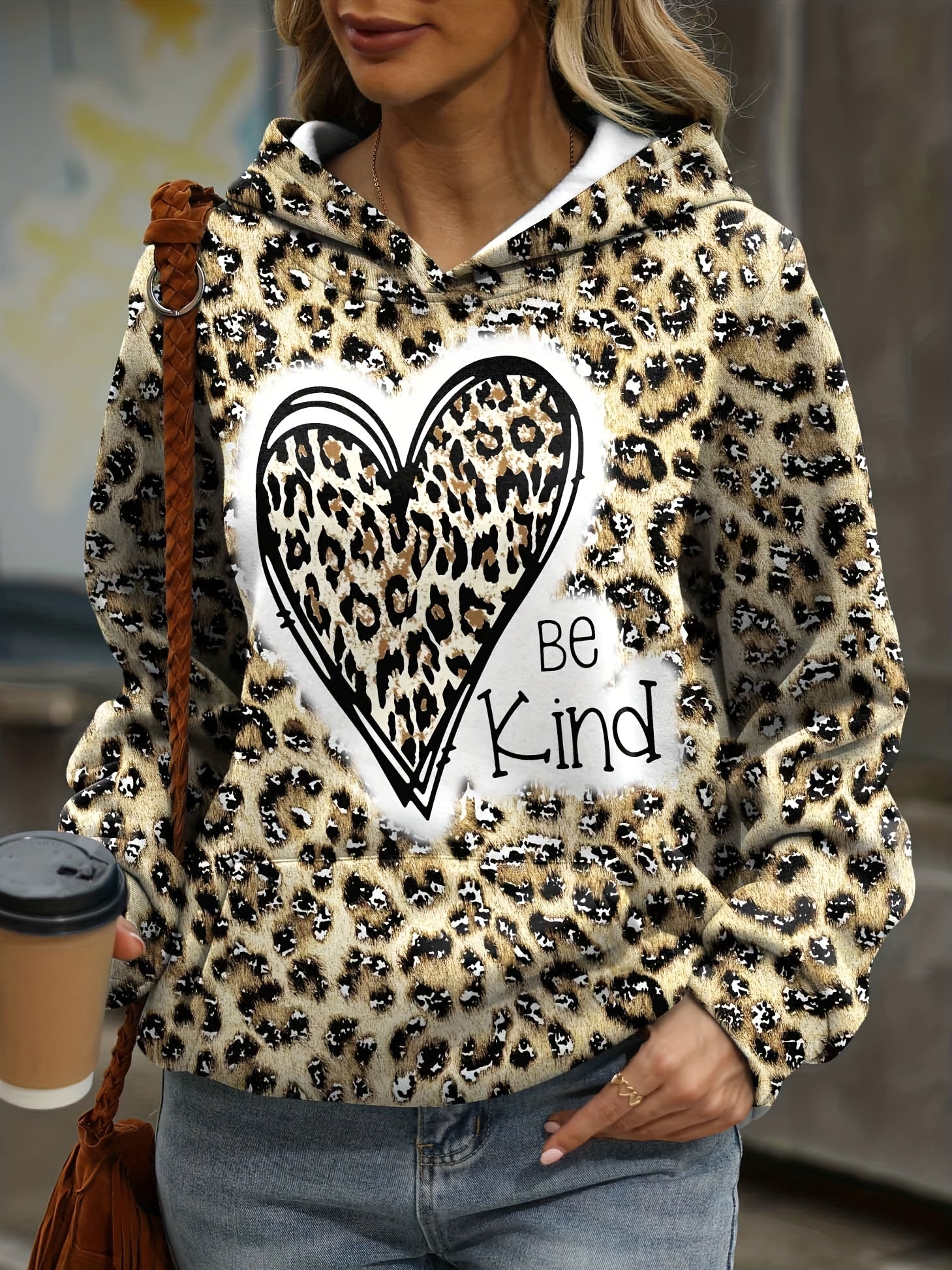 Heart & Leopard Print Hoodie with Kangaroo Pocket
